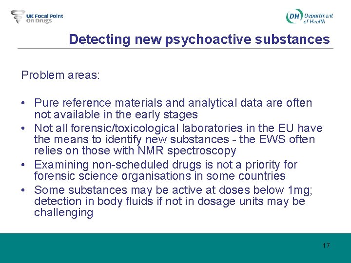 Detecting new psychoactive substances Problem areas: • Pure reference materials and analytical data are