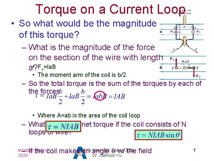 Torque on a Current Loop • So what would be the magnitude of this