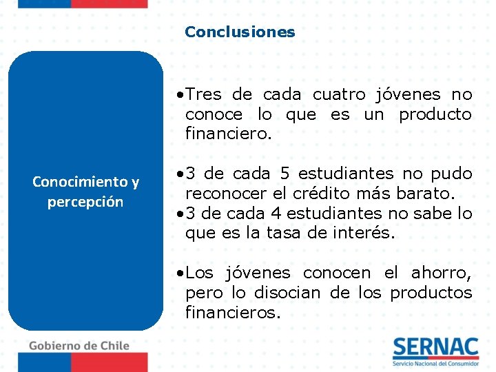 Conclusiones • Tres de cada cuatro jóvenes no conoce lo que es un producto