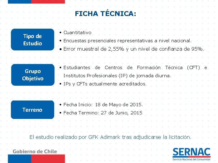 FICHA TÉCNICA: Tipo de Estudio Grupo Objetivo Terreno • Cuantitativo • Encuestas presenciales representativas