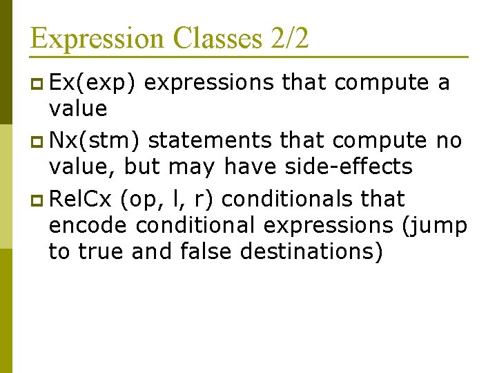 Expression Classes 2/2 p Ex(exp) expressions that compute a value p Nx(stm) statements that