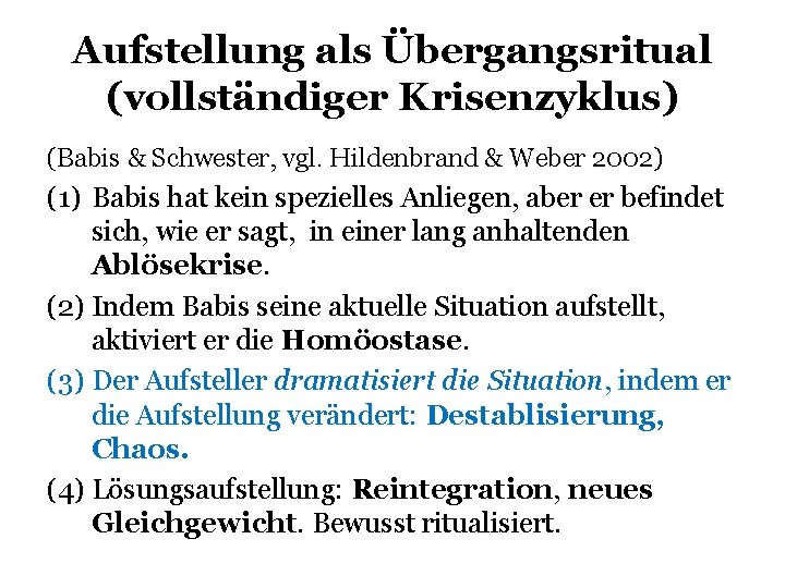 Aufstellung als Übergangsritual (vollständiger Krisenzyklus) (Babis & Schwester, vgl. Hildenbrand & Weber 2002) (1)