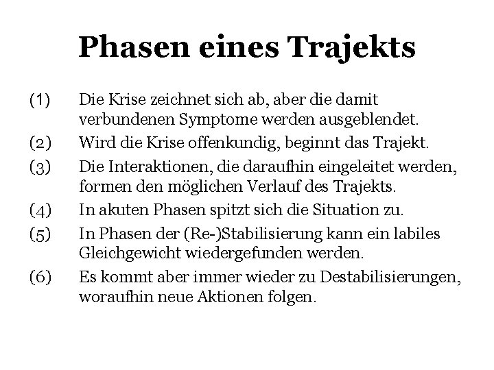 Phasen eines Trajekts (1) (2) (3) (4) (5) (6) Die Krise zeichnet sich ab,