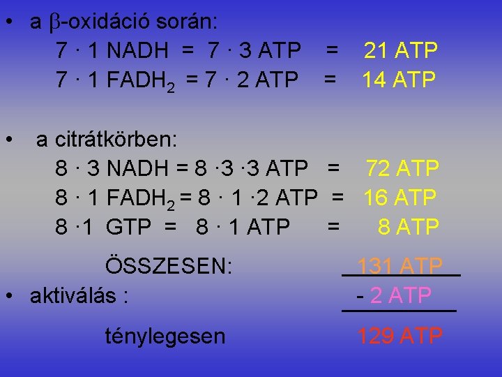  • a -oxidáció során: 7 · 1 NADH = 7 · 3 ATP
