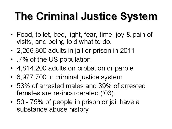 The Criminal Justice System • Food, toilet, bed, light, fear, time, joy & pain