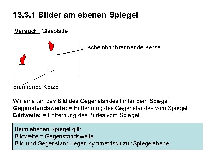 13. 3. 1 Bilder am ebenen Spiegel Versuch: Glasplatte scheinbar brennende Kerze Brennende Kerze