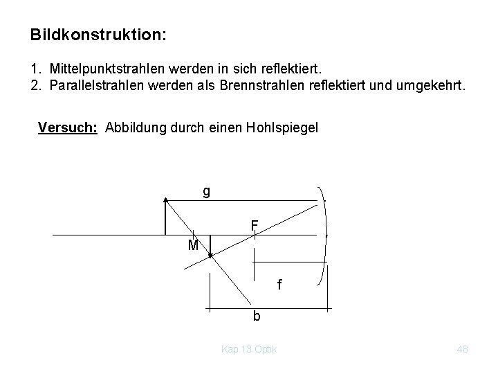 Bildkonstruktion: 1. Mittelpunktstrahlen werden in sich reflektiert. 2. Parallelstrahlen werden als Brennstrahlen reflektiert und