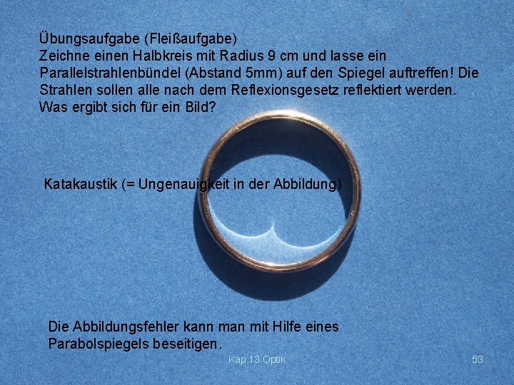Übungsaufgabe (Fleißaufgabe) Zeichne einen Halbkreis mit Radius 9 cm und lasse ein Parallelstrahlenbündel (Abstand