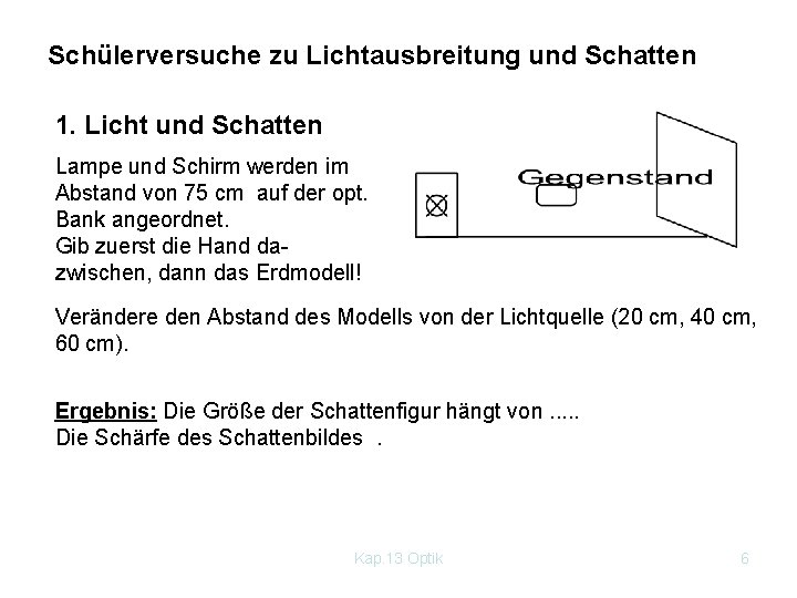 Schülerversuche zu Lichtausbreitung und Schatten 1. Licht und Schatten Lampe und Schirm werden im