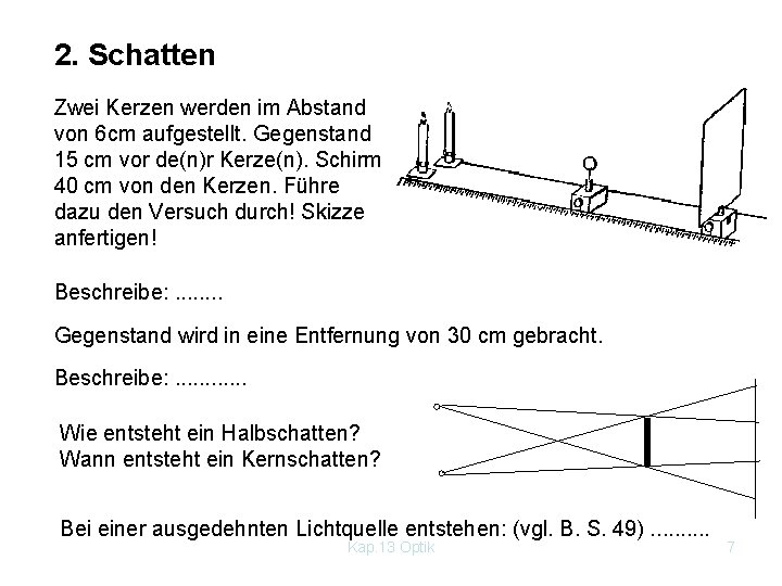 2. Schatten Zwei Kerzen werden im Abstand von 6 cm aufgestellt. Gegenstand 15 cm