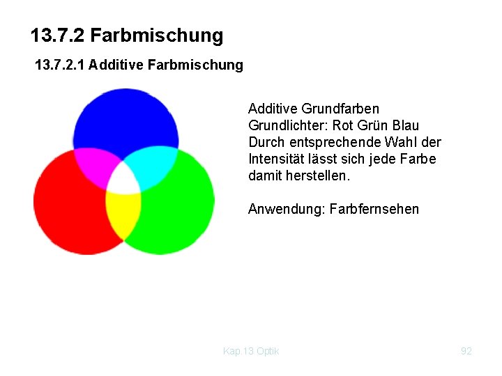 13. 7. 2 Farbmischung 13. 7. 2. 1 Additive Farbmischung Additive Grundfarben Grundlichter: Rot