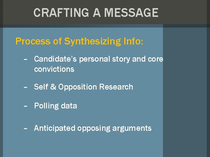 CRAFTING A MESSAGE Process of Synthesizing Info: – Candidate’s personal story and core convictions CRAFTING A MESSAGE Process of Synthesizing Info: – Candidate’s personal story and core convictions