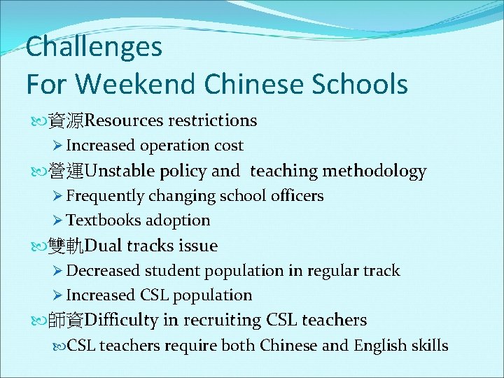 Challenges For Weekend Chinese Schools 資源Resources restrictions Ø Increased operation cost 營運Unstable policy and