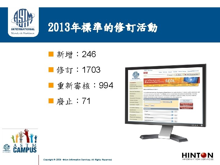 2013年標準的修訂活動 新增： 246 修訂： 1703 重新審核： 994 廢止： 71 Copyright © 2009 Hinton Information