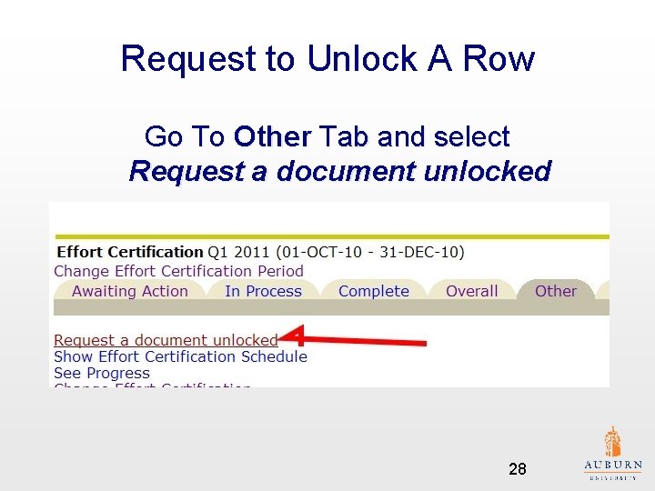 Request to Unlock A Row Go To Other Tab and select Request a document