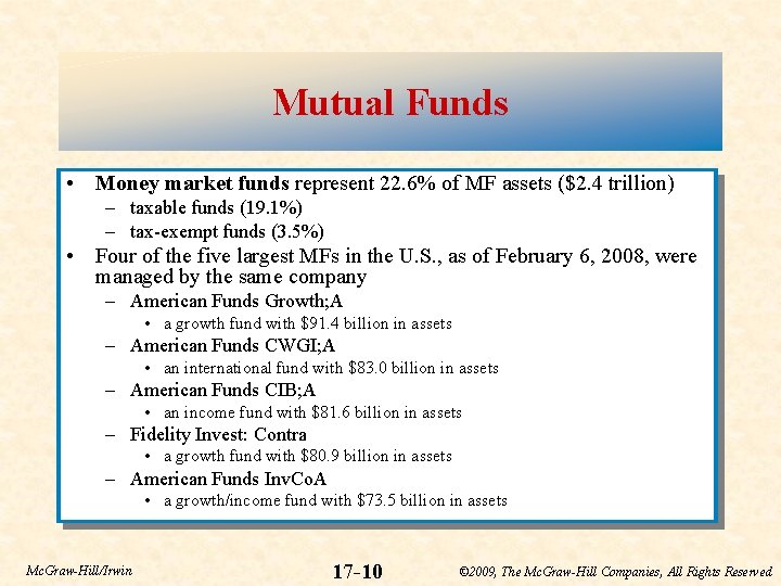Mutual Funds • Money market funds represent 22. 6% of MF assets ($2. 4