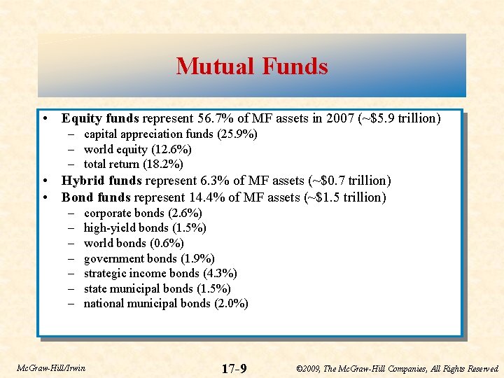 Mutual Funds • Equity funds represent 56. 7% of MF assets in 2007 (~$5.