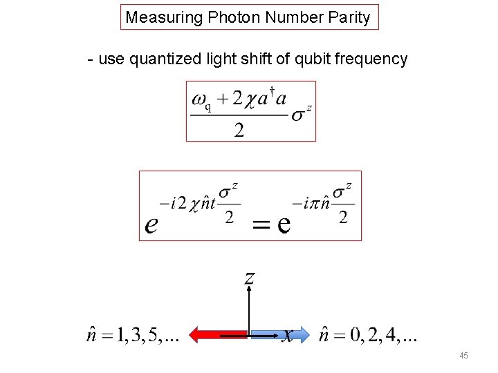 Measuring Photon Number Parity - use quantized light shift of qubit frequency 45 Measuring Photon Number Parity - use quantized light shift of qubit frequency 45