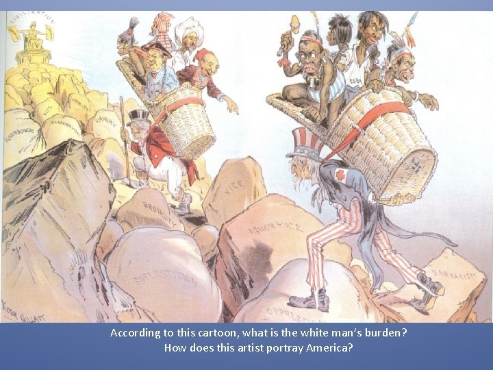 According to this cartoon, what is the white man’s burden? How does this artist