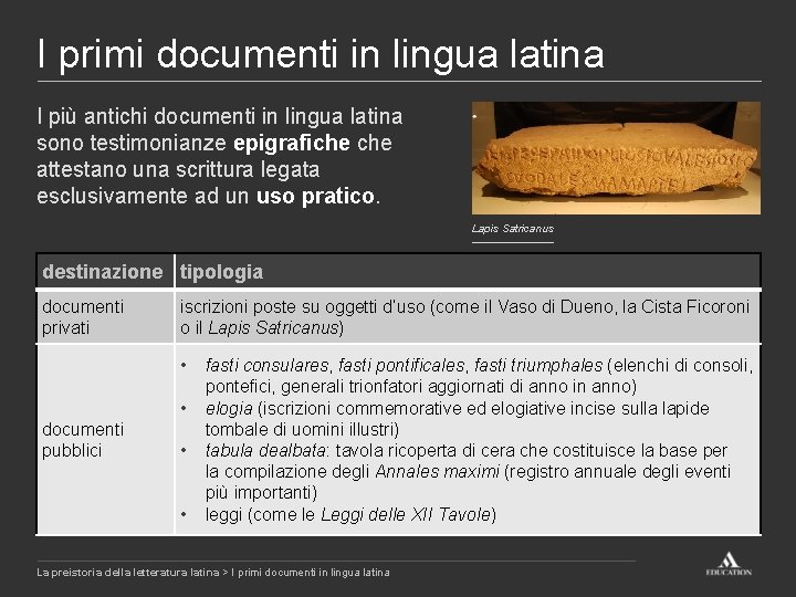 I primi documenti in lingua latina I più antichi documenti in lingua latina sono