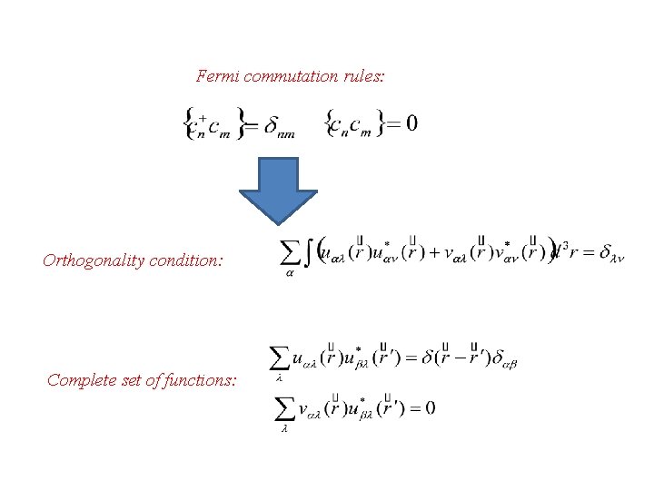 Fermi commutation rules: Orthogonality condition: Complete set of functions: Fermi commutation rules: Orthogonality condition: Complete set of functions: