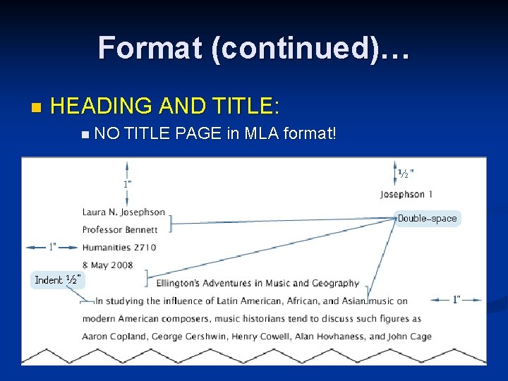 Format (continued)… n HEADING AND TITLE: n NO TITLE PAGE in MLA format! 