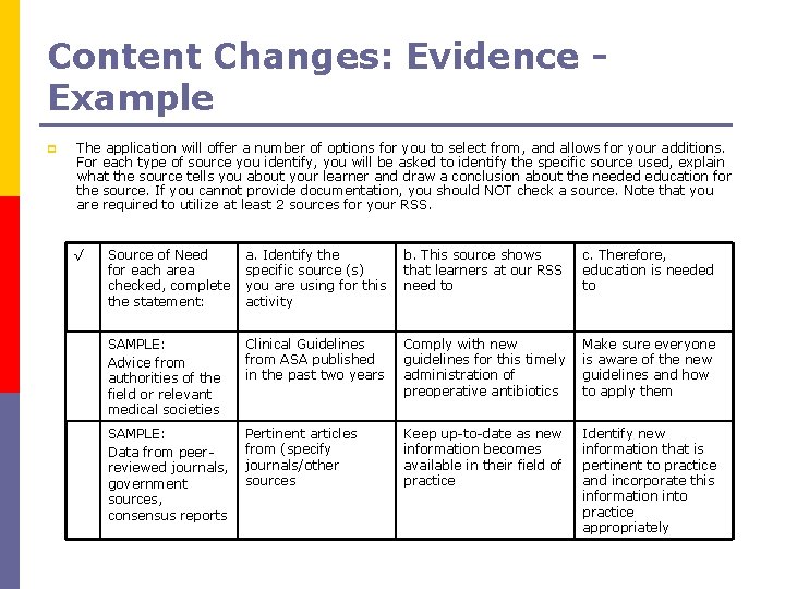 Content Changes: Evidence Example p The application will offer a number of options for