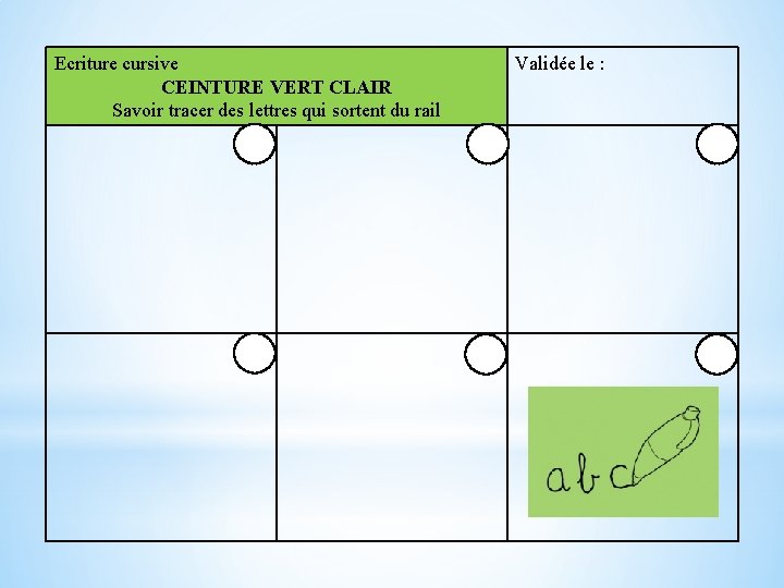 Ecriture cursive CEINTURE VERT CLAIR Savoir tracer des lettres qui sortent du rail Validée