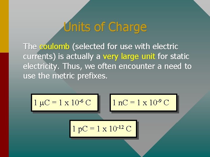 Units of Charge The coulomb (selected for use with electric currents) is actually a