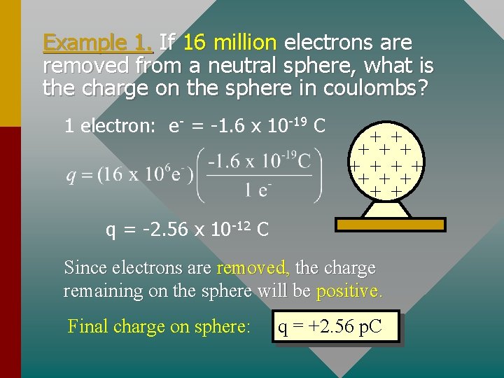 Example 1. If 16 million electrons are removed from a neutral sphere, what is