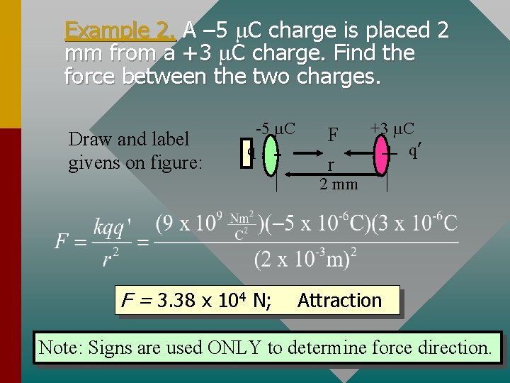 Example 2. A – 5 m. C charge is placed 2 mm from a