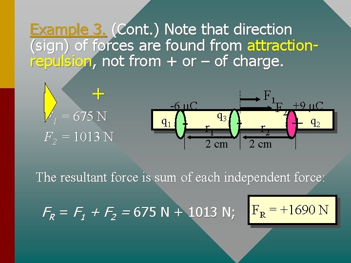 Example 3. (Cont. ) Note that direction (sign) of forces are found from attractionrepulsion,