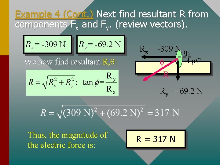 Example 4 (Cont. ) Next find resultant R from components Fx and Fy. (review