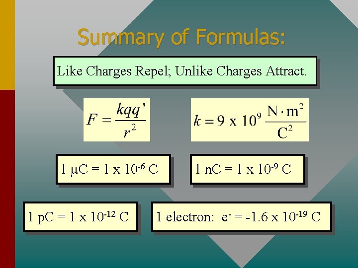 Summary of Formulas: Like Charges Repel; Unlike Charges Attract. 1 m. C = 1