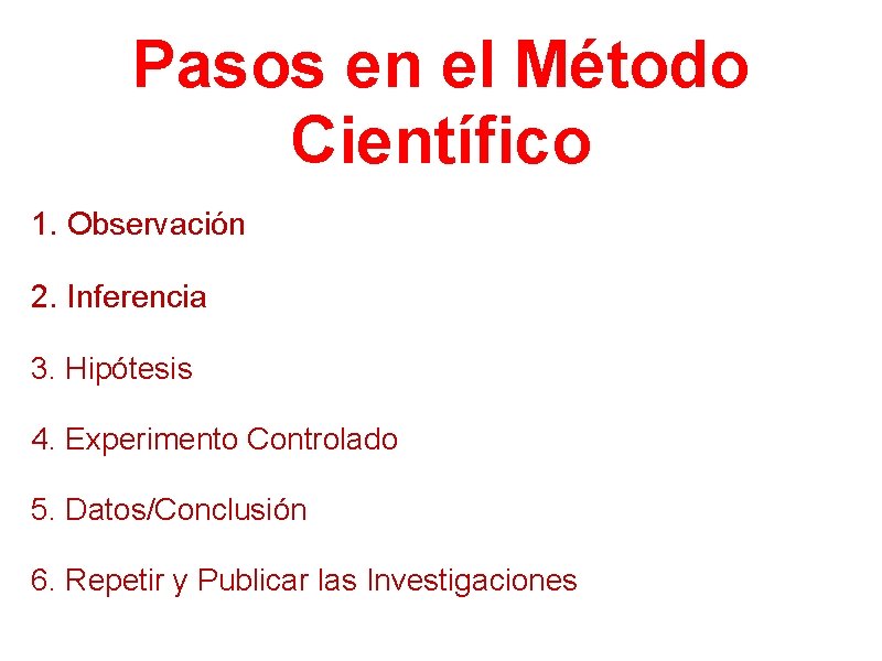 Pasos en el Método Científico 1. Observación 2. Inferencia 3. Hipótesis 4. Experimento Controlado