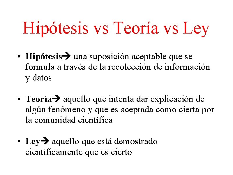 Hipótesis vs Teoría vs Ley • Hipótesis una suposición aceptable que se formula a