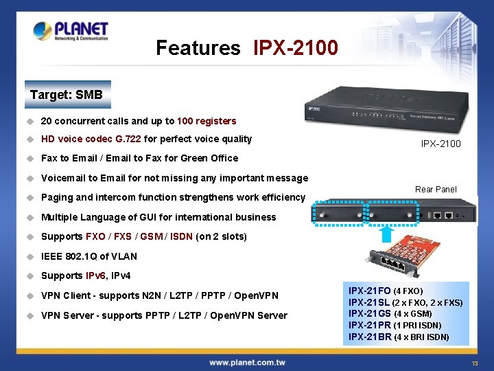 Features IPX-2100 Target: SMB u 20 concurrent calls and up to 100 registers u