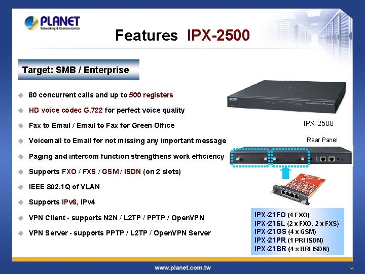 Features IPX-2500 Target: SMB / Enterprise u 80 concurrent calls and up to 500