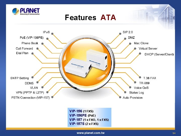 Features ATA VIP-156 (1 FXS) VIP-156 PE (Po. E) VIP-157 (1 x FXO, 1