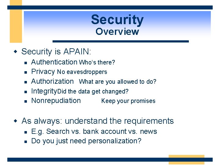 Security Overview w Security is APAIN: n n n Authentication Who‘s there? Privacy No
