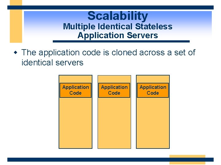 Scalability Multiple Identical Stateless Application Servers w The application code is cloned across a