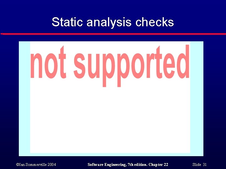 Static analysis checks ©Ian Sommerville 2004 Software Engineering, 7 th edition. Chapter 22 Slide