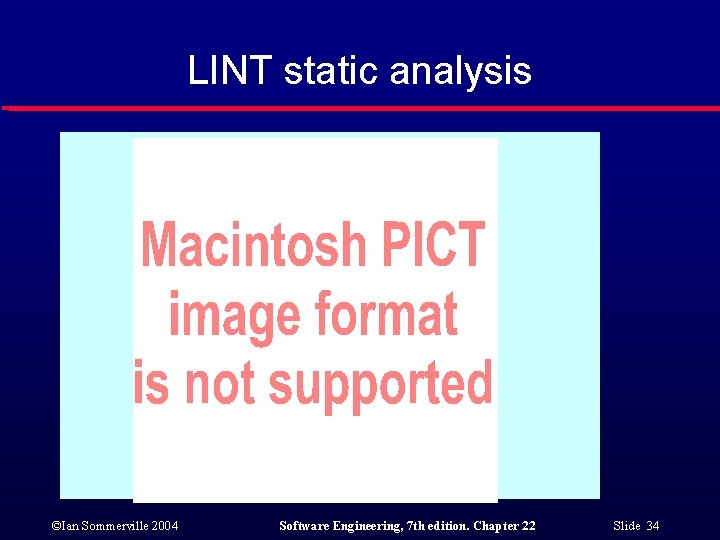 LINT static analysis ©Ian Sommerville 2004 Software Engineering, 7 th edition. Chapter 22 Slide