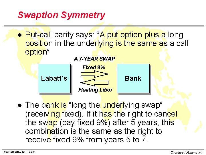 Swaption Symmetry l Put-call parity says: “A put option plus a long position in