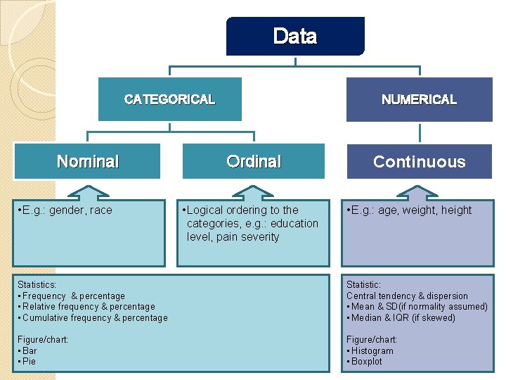 Data CATEGORICAL Nominal • E. g. : gender, race NUMERICAL Ordinal • Logical ordering