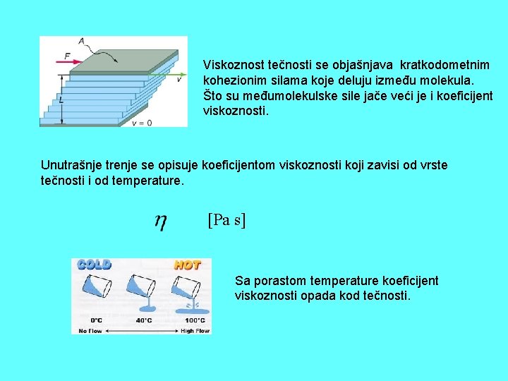 Viskoznost tečnosti se objašnjava kratkodometnim kohezionim silama koje deluju između molekula. Što su međumolekulske
