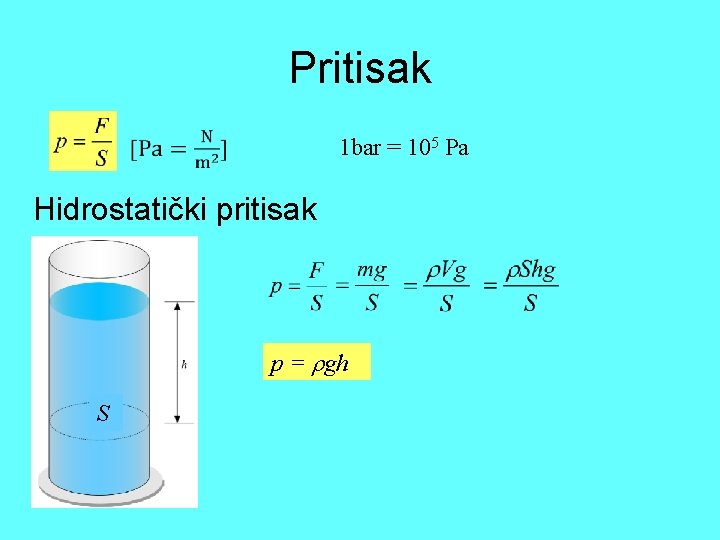 Pritisak 1 bar = 105 Pa Hidrostatički pritisak p = gh S 