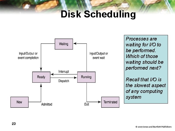 Disk Scheduling Processes are waiting for I/O to be performed. Which of those waiting