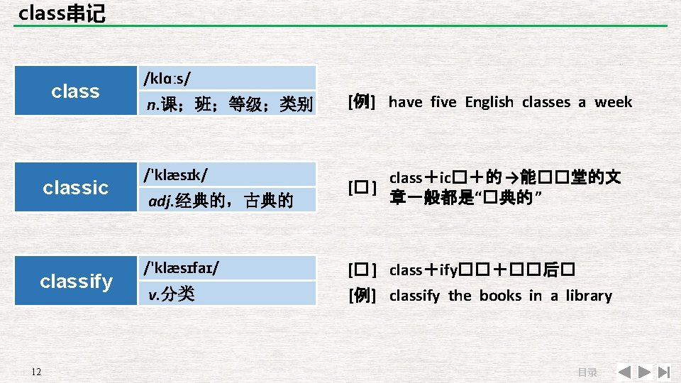 class串记 classic classify 12 /klɑːs/ n. 课；班；等级；类别 [例] have five English classes a week