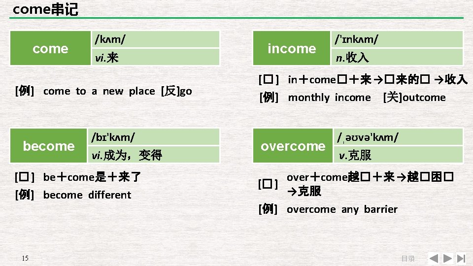 come串记 come /kʌm/ vi. 来 [例] come to a new place [反]go become /bɪ'kʌm/